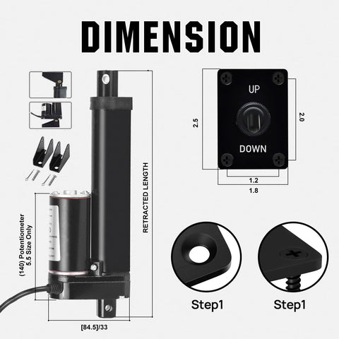 Diagram of 6 Inch Stroke 12V Linear Actuator with 1000N Thrust, includes IP54 aluminum housing and reverse polarity toggle switch