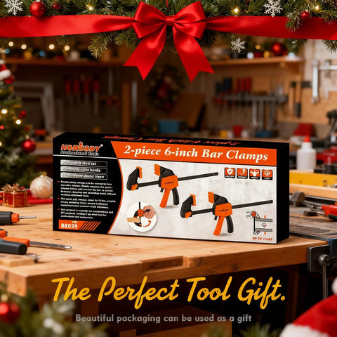 Six Inch Mini Bar Clamps 2 Pack For Woodworking And Home Projects displayed in workshop gift setting.