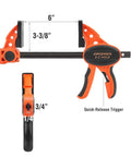 Two Pack Six Inch One Hand Clamp And Spreader Set With 300 Lb Clamping Force, Quick Release Lever, Comfort Grip, shown side view