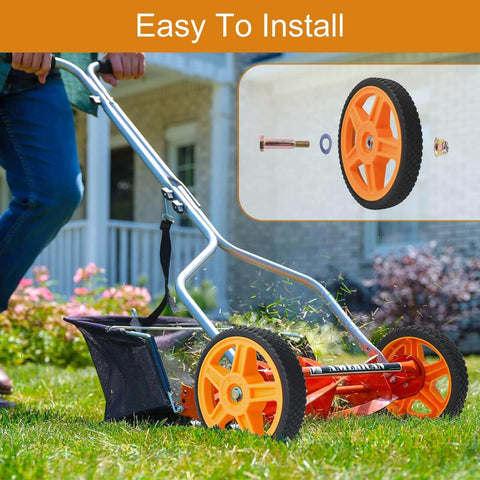 6 Inch Lawn Mower Wheels for Push Mowers, Plastic PU Wheels with Bolts & Nuts, installed on a push mower in garden