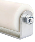 Close-up of 6" Slide Gate Guide Roller with Post Welded Bracket showing UHMW Hard Nylon material and sealed ball bearing side roller assembly