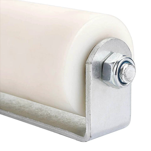 Close-up of 6" Slide Gate Guide Roller with Post Welded Bracket showing UHMW Hard Nylon material and sealed ball bearing side roller assembly