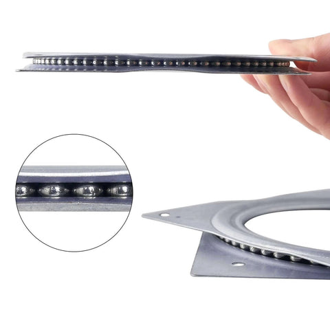 Side view of 6 Inch Heavy Duty Steel Lazy Susan Turntable with steel ball bearings and zinc plating, hand showing thickness.