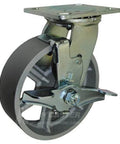 Close-up of a swivel steel caster with brake from BBQ Pit 6" Steel Caster Kit with Mounting Hardware, 5,000 Lbs. Total Capacity