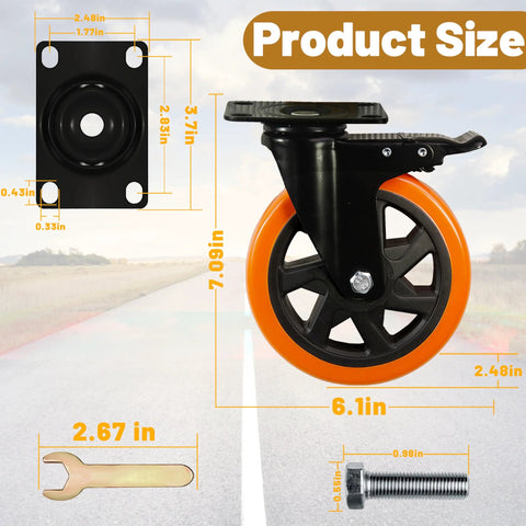 Heavy Duty Swivel Caster Wheels Set Of 4 With 6 Inch Wheels Silent Operation And Double Locking For Workbenches Carts And Furniture Up To 2800 Lbs Total Load Capacity Industrial Grade dimensions with wrench and bolt.