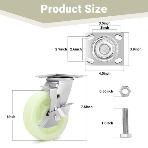 Product size diagram of Heavy Duty Caster Wheels 6 Inch - 4500 LBS, PP Plate Castor Set of 4 with dimensions and fittings shown.