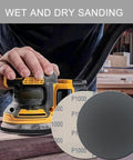 Close-up of orbital sander using 6 Inch Wet Dry Sanding Discs 50 Pcs Hook Loop Assorted Grit Silicon Carbide 1000 1500 2000 3000 5000