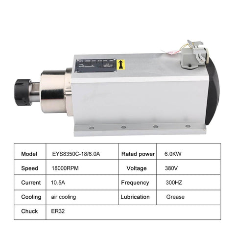 6kW ER32 Air Cooled CNC Spindle Motor For Router With Four Bearings, 220V 380V, shown with specifications chart on white background