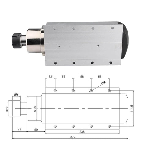 Side view of 6kW ER32 Air Cooled CNC Spindle Motor For Router with diagram, showcasing four bearings and mounting flange.