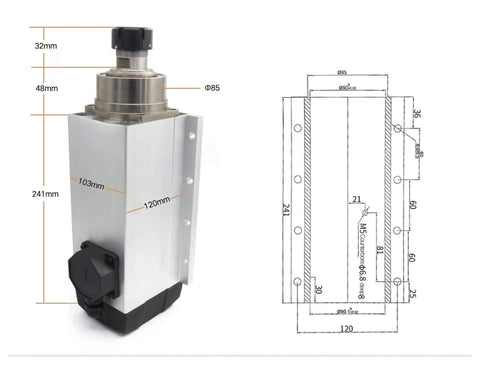 Square 6KW 380V ER32 water cooled spindle motor with four bearings, dimensions diagram, high speed live spindle for CNC routers and milling machines.