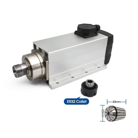 Square 6KW 380V ER32 Water Cooled Spindle Motor With Four Bearings, High Speed Live Spindle, shown with ER32 collet, CNC use.