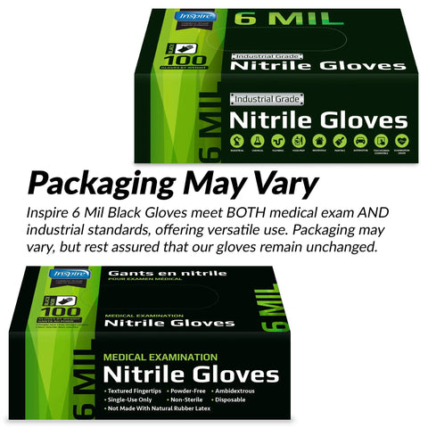Packaging of Heavy Duty 6 Mil Black Nitrile Gloves Latex Free For Food Industry And Mechanics, 100 gloves per box, labeled industrial grade.