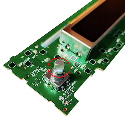 Close-up of a 6mm D-type potentiometer on a green circuit board with a focus on volume control application.