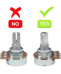 Comparison of potentiometer shafts: incorrect shaft with red X and correct shaft with green check for 10 Pcs 6mm D Type Potentiometer Knobs