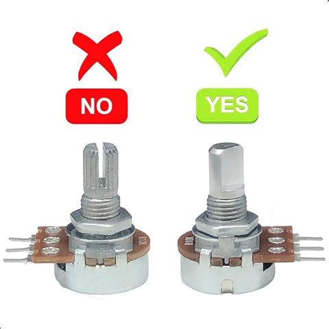 Comparison of potentiometer shafts: incorrect shaft with red X and correct shaft with green check for 10 Pcs 6mm D Type Potentiometer Knobs
