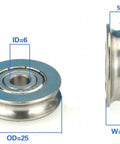 Diagram of 6mm Bore x 25mm U-Groove Bearing Stainless Steel Pulley Track Roller with dimensions labeled