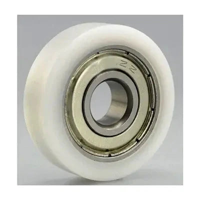 Close-up of 6mm Bore Bearing POM Plastic Track Roller 6x25x7mm showing durable white material and metal inner ring.