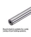 Close-up of 6mm chucking reamer with high speed steel carbide tip for lathe and milling, 8 inch length, H7 tolerance, round shank visible.
