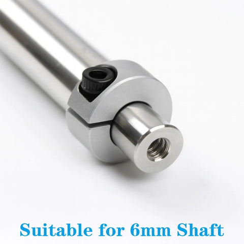 Close-up of Four Pack 6mm Split Shaft Collar Set Aluminum Alloy Clamping Collars for shafts with M4 screws, installed on shaft