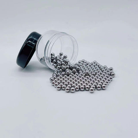 Six Millimeter Stainless Steel Bearing Balls 304 Grade G100 Precision 200 Piece Set, corrosion resistant, spilling from jar