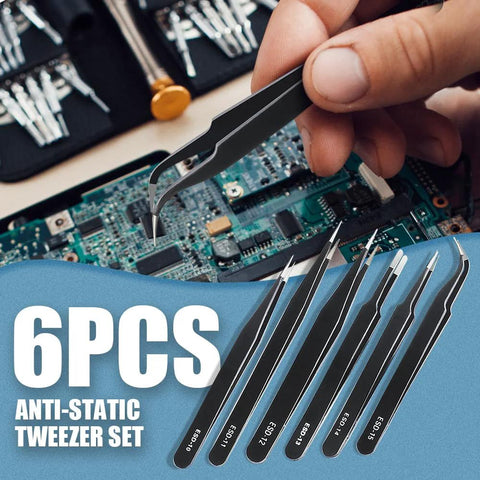 Six Piece Precision Tweezers Set With Anti Static Stainless Steel Construction for PCB repair and crafting