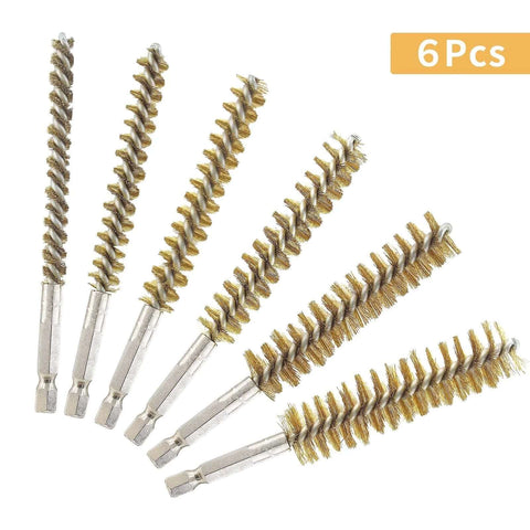 6 Pieces Brass Bore Brushes in Different Sizes, Brass Bristles Wire Cleaning Brush for Power Drill Impact Driver on white background