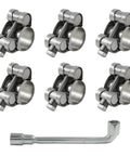 6 Pcs T Bolt Hose Clamp Set 17 To 19 Mm 304 Stainless Steel Adjustable Tube Clamps with socket wrench, heavy duty.