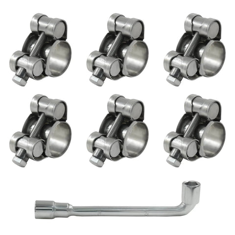 6 Pcs T Bolt Hose Clamp Set 17 To 19 Mm 304 Stainless Steel Adjustable Tube Clamps with socket wrench, heavy duty.