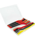 6Pcs Wire Brush Set in plastic case, featuring stainless steel, brass, and nylon bristle brushes for cleaning rust and welding slag.