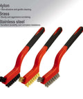6Pcs Wire Brush Set with stainless steel, brass, and nylon bristle brushes for cleaning rust and welding slag, shown with red handles.