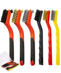 6Pcs Wire Brush Set with stainless steel, brass, and nylon bristles for rust cleaning, featuring orange, black, and yellow handles.