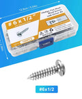 100 Pcs #6 x 1/2 Inch Pan Head Wood Screws Made from 304 Stainless Steel in storage case with driver bit, showcasing self tapping features.