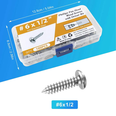 100 Pcs #6 x 1/2 Inch Pan Head Wood Screws Made from 304 Stainless Steel in storage case with driver bit, showcasing self tapping features.
