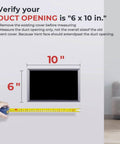 Diagram showing measurement of 6x10 duct opening for Quiet 6x10 Register Booster Fan For HVAC Vents With 10 Speeds Remote Control And Thermostat Control White BIOWIND Premium Anodized Aluminum Frame CNC Machined For Silent Operation And Even Temperature Throughout The Room.