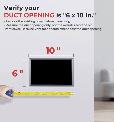 Diagram showing measurement of 6x10 duct opening for Quiet 6x10 Register Booster Fan For HVAC Vents With 10 Speeds Remote Control And Thermostat Control White BIOWIND Premium Anodized Aluminum Frame CNC Machined For Silent Operation And Even Temperature Throughout The Room.