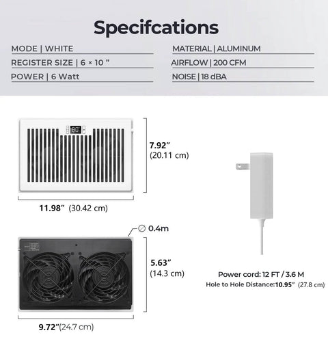 Quiet 6x10 Register Booster Fan For HVAC Vents With 10 Speeds Remote Control And Thermostat Control White BIOWIND dimensions chart