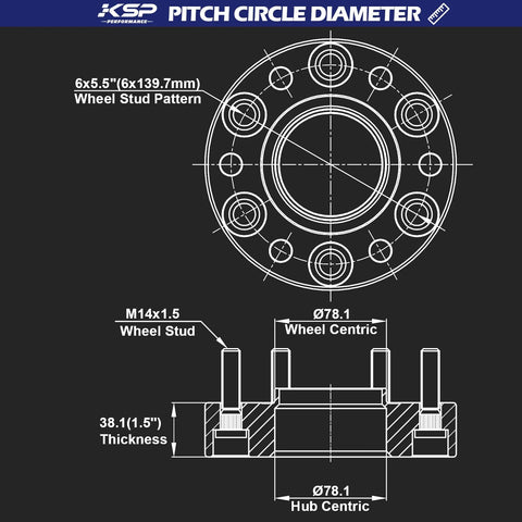Technical diagram of 6x139.7 forged wheel spacers 1.5 inch thick with 78.1mm hub bore M14x1.5 studs for Silverado and more.