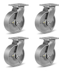 Set of four Heavy Duty 6x2 Caster Wheels with Steel Cast Iron Hub, galvanized wheels, Zinc Plated Yoke, up to 5000 lb capacity.