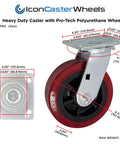 6 inch x 2 inch polyurethane non marking heavy duty swivel casters with red industrial wheels, 4 pack rated for 3600 lb total load capacity side view image.