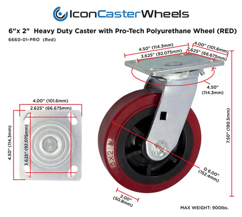 6 inch x 2 inch polyurethane non marking heavy duty swivel casters with red industrial wheels, 4 pack rated for 3600 lb total load capacity side view image.