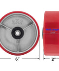 Six By Two Inch Heavy Duty Caster Wheels Set Of Four With Industrial Polyurethane Wheel And Galvanized Steel Yokes, front and side view.