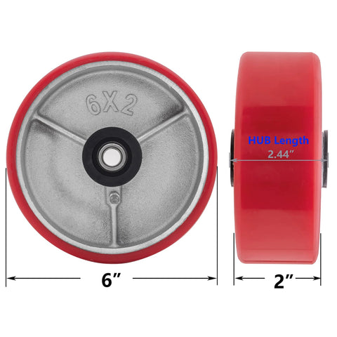 Six By Two Inch Heavy Duty Caster Wheels Set Of Four With Industrial Polyurethane Wheel And Galvanized Steel Yokes, front and side view.