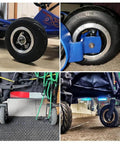 Collage showing 6x2 Inch Pneumatic Tire Wheel with Alloy Hub M8 Inflatable Air Wheel installed on various trolleys and scooters