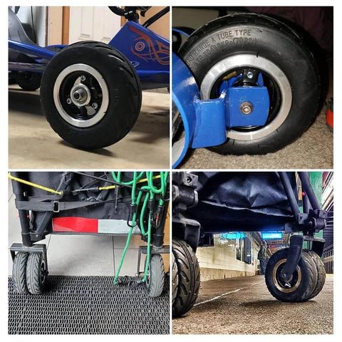Collage showing 6x2 Inch Pneumatic Tire Wheel with Alloy Hub M8 Inflatable Air Wheel installed on various trolleys and scooters