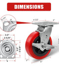 Heavy Duty 6x2 Inch Caster Set Of 4 Industrial Polyurethane Wheels with Pro Tech Tread, product dimensions diagram