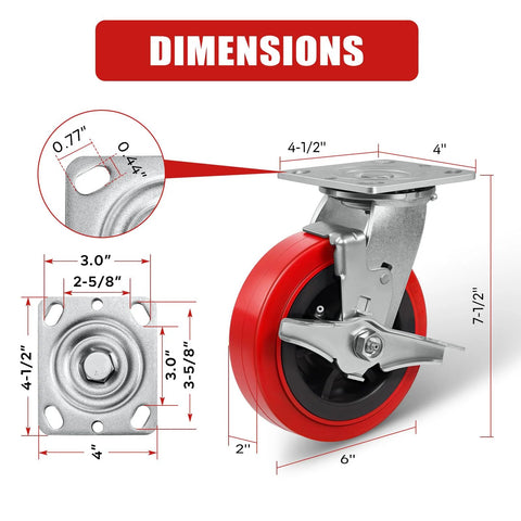 Heavy Duty 6x2 Inch Caster Set Of 4 Industrial Polyurethane Wheels with Pro Tech Tread, product dimensions diagram