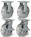 Heavy Duty Industrial Casters 6 By 2 Inch Rigid And Brake Wheels With Roller Bearing Semi Steel Cast Iron Wheels For Heavy Loads 5000 Lbs Capacity Per Set Of 4 Durable Construction For Warehouses, Workshops And Equipment.
