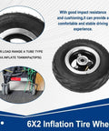 6x2 Inch Pneumatic Tire Wheel with Alloy Hub M10 for carts and scooters showing tire details and installation example.