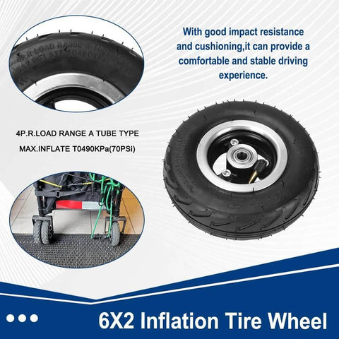 6x2 Inch Pneumatic Tire Wheel with Alloy Hub M10 for carts and scooters showing tire details and installation example.