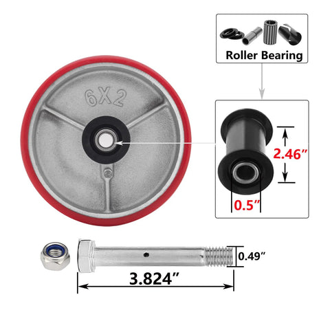 Six By Two Inch Heavy Duty Caster Wheels Set Of Four With Industrial Polyurethane Wheel and Galvanized Steel Yokes in focus